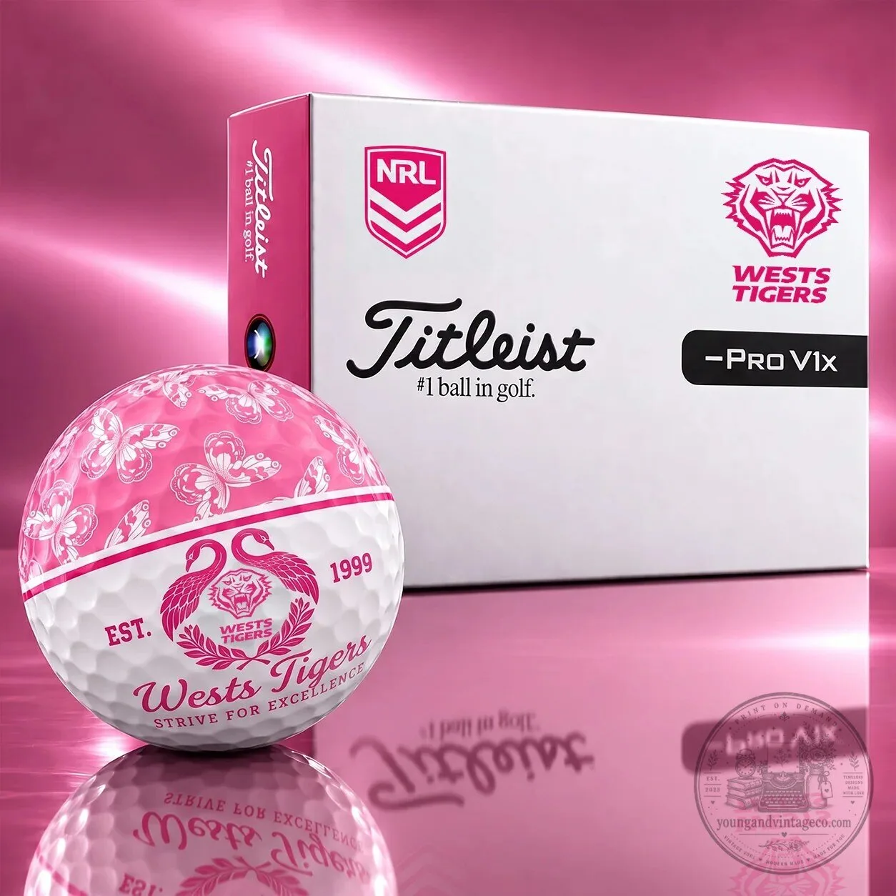 Wests Tigers National Rugby League Pink Butterfly Pattern Golf Ball