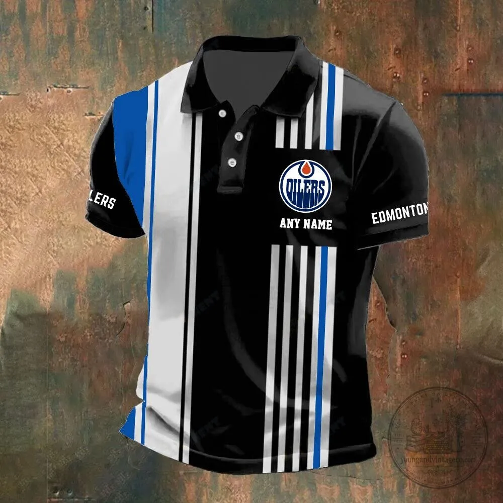 Edmonton Oilers Personalized Striped Black and White Polo Shirt 8 Edmonton Oilers Personalized Striped Black and White Polo Shirt