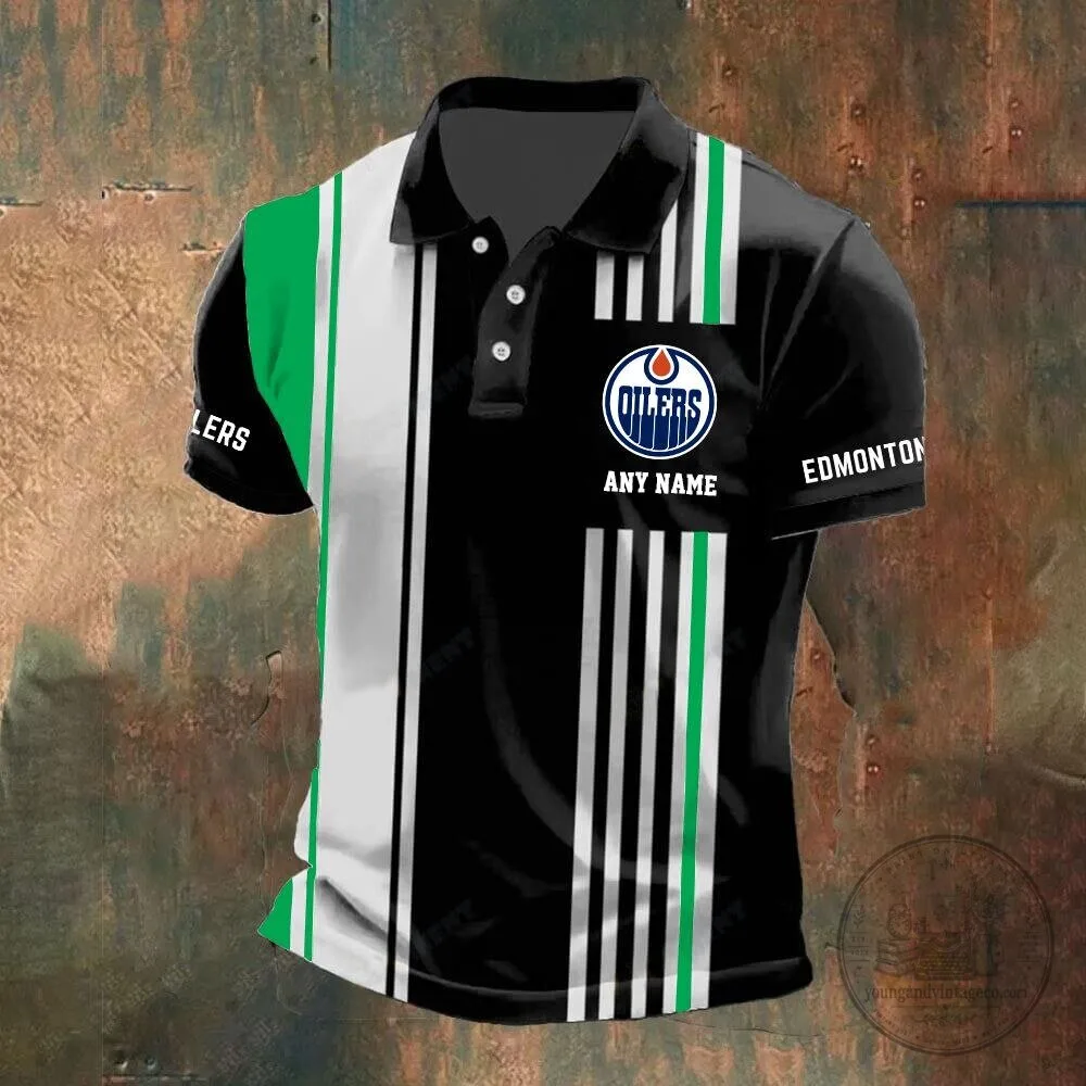 Edmonton Oilers Personalized Striped Black and White Polo Shirt 9 Edmonton Oilers Personalized Striped Black and White Polo Shirt