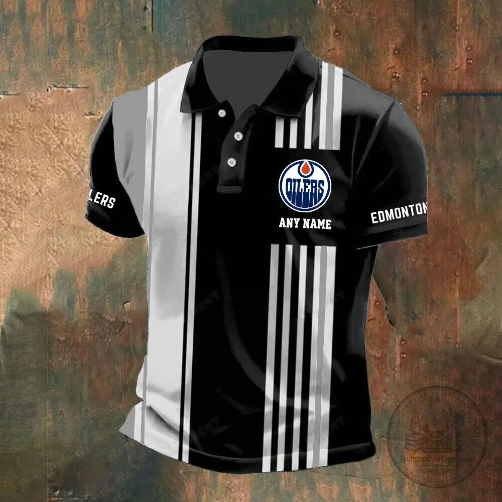 Edmonton Oilers Personalized Striped Black and White Polo Shirt 10 Edmonton Oilers Personalized Striped Black and White Polo Shirt