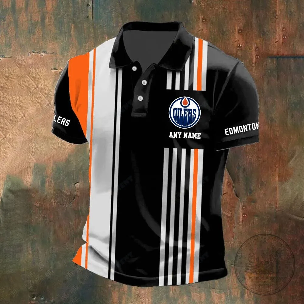 Edmonton Oilers Personalized Striped Black and White Polo Shirt 11 Edmonton Oilers Personalized Striped Black and White Polo Shirt
