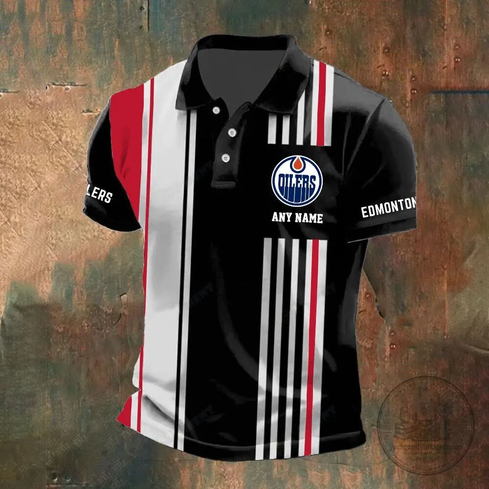 Edmonton Oilers Personalized Striped Black and White Polo Shirt 12 Edmonton Oilers Personalized Striped Black and White Polo Shirt