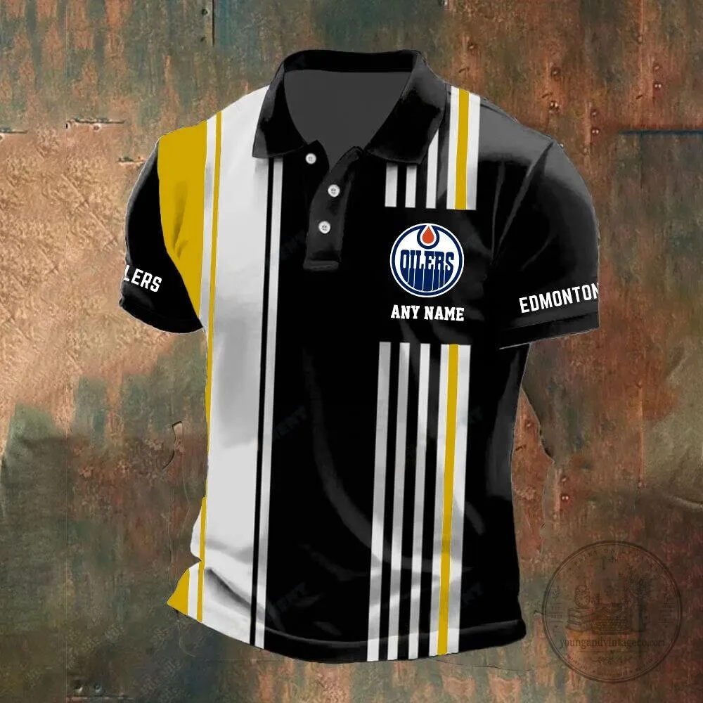 Edmonton Oilers Personalized Striped Black and White Polo Shirt 13 Edmonton Oilers Personalized Striped Black and White Polo Shirt
