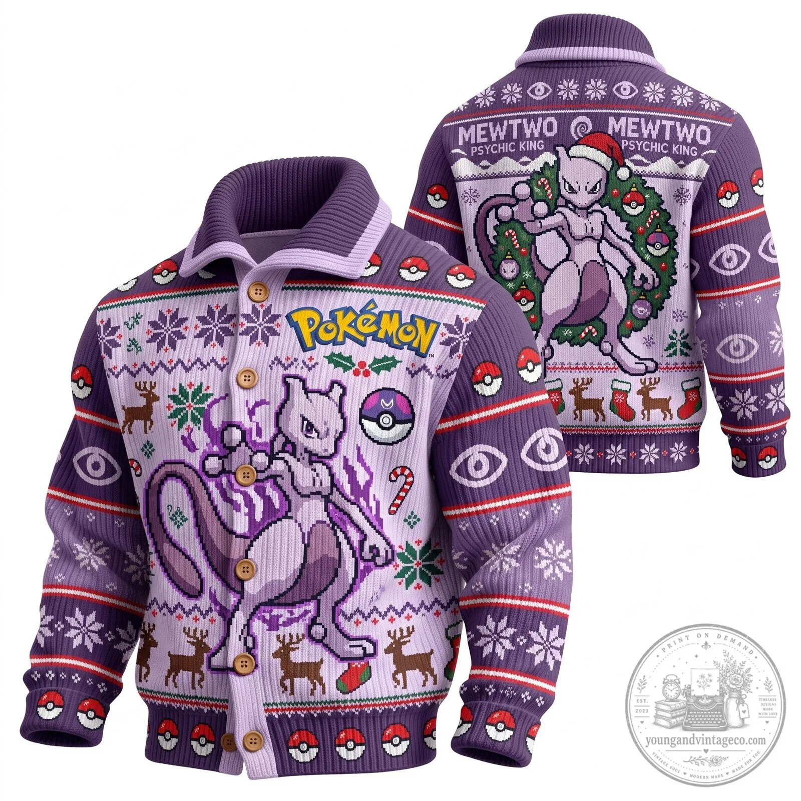 Pokemon Mewtwo Psychic King Ugly Christmas Sweater Cardigan