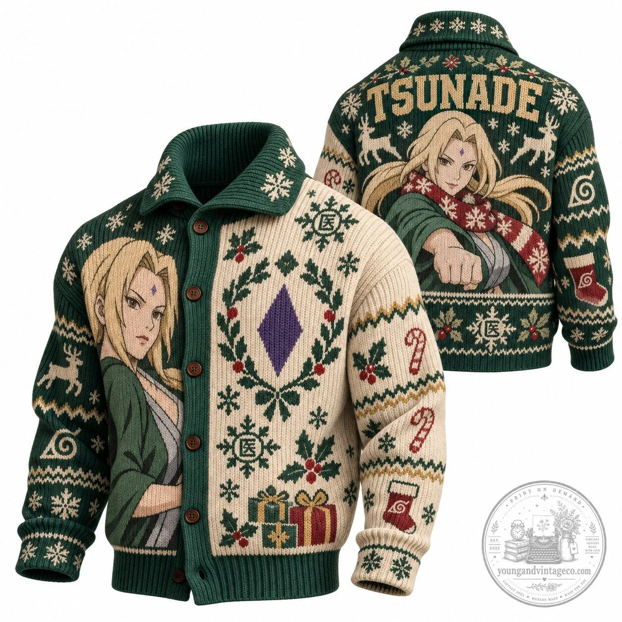 Tsunade Naruto Anime Christmas Holiday Knitted Cardigan Sweater