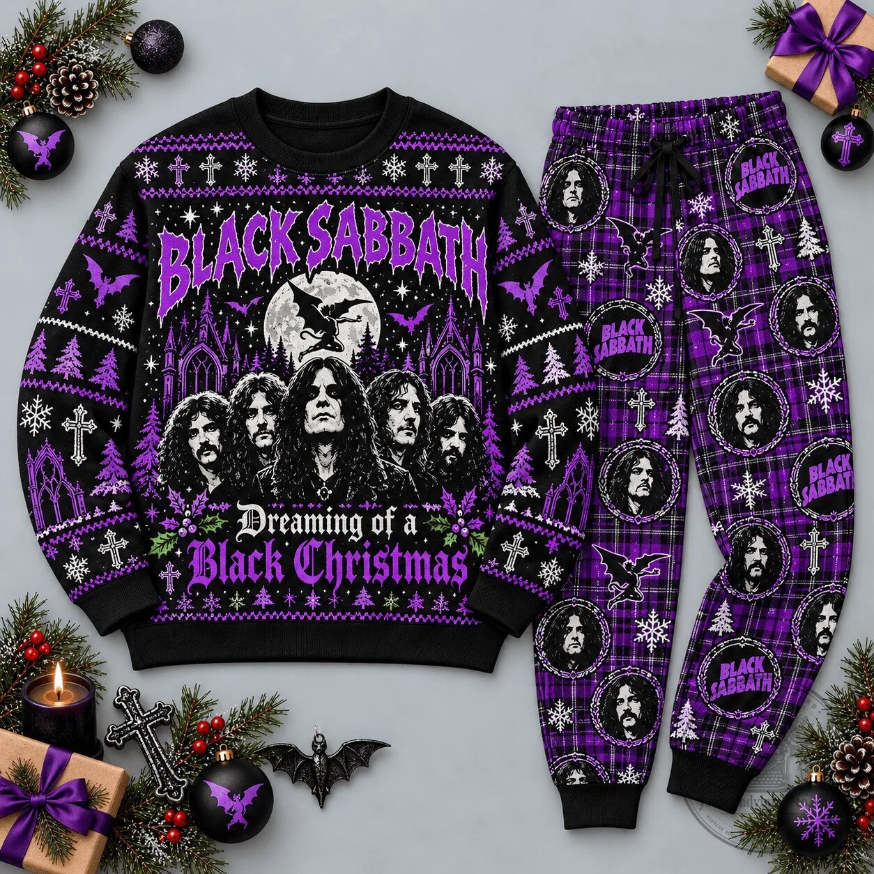 Black Sabbath Dreaming of a Black Christmas Ugly Sweater and Pajama Pants Set 1 Black Sabbath Dreaming of a Black Christmas Ugly Sweater and Pajama Pants Set