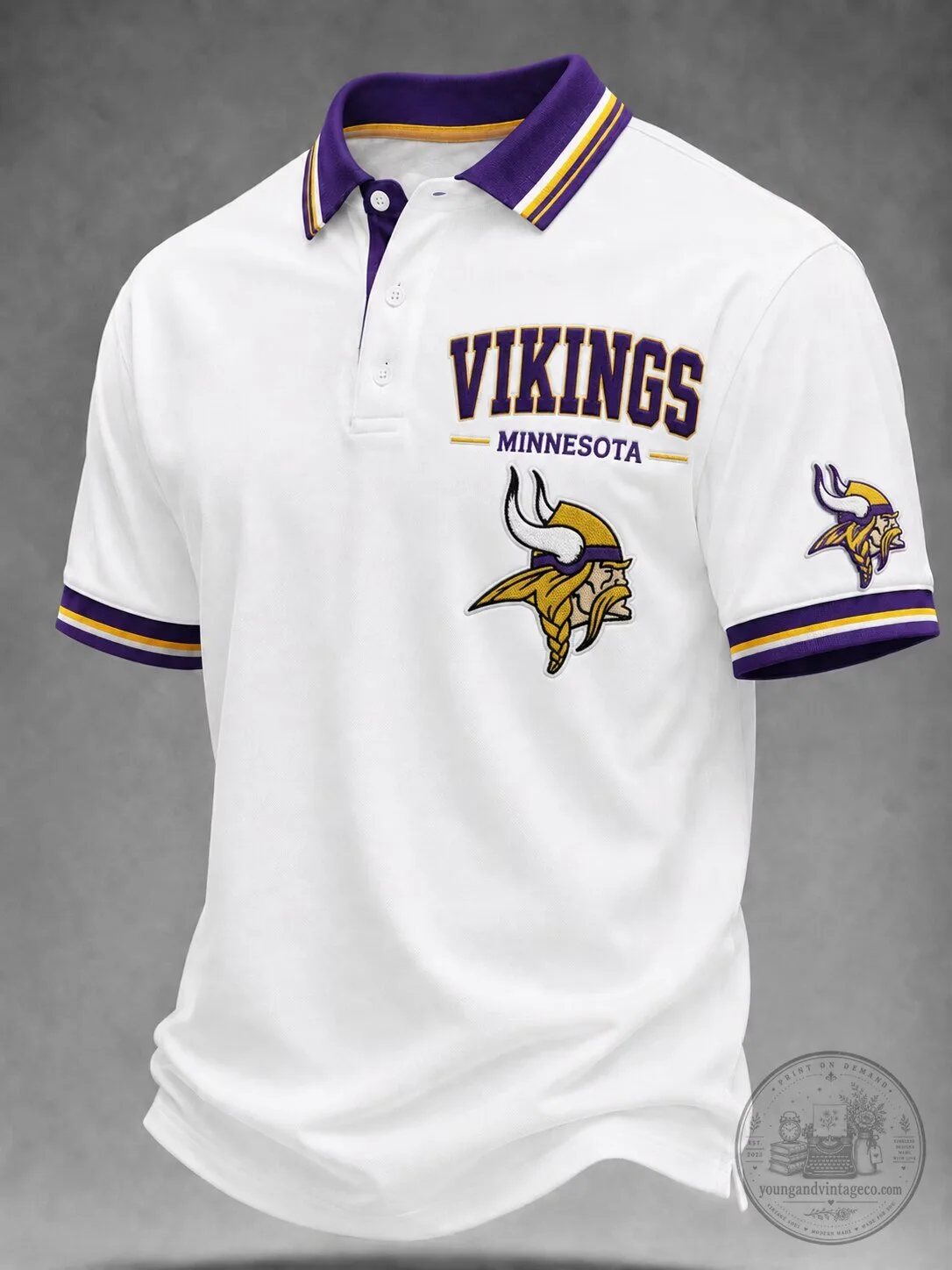 Minnesota Vikings Football Team Logo White Striped Collar Polo Shirt 1 Minnesota Vikings Football Team Logo White Striped Collar Polo Shirt