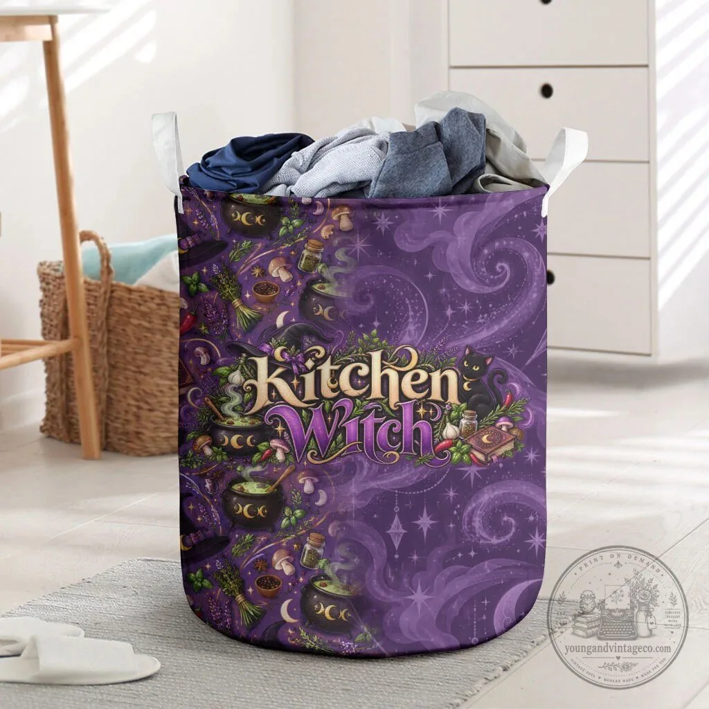 Kitchen Witch Mystical Cauldron And Black Cat Laundry Basket