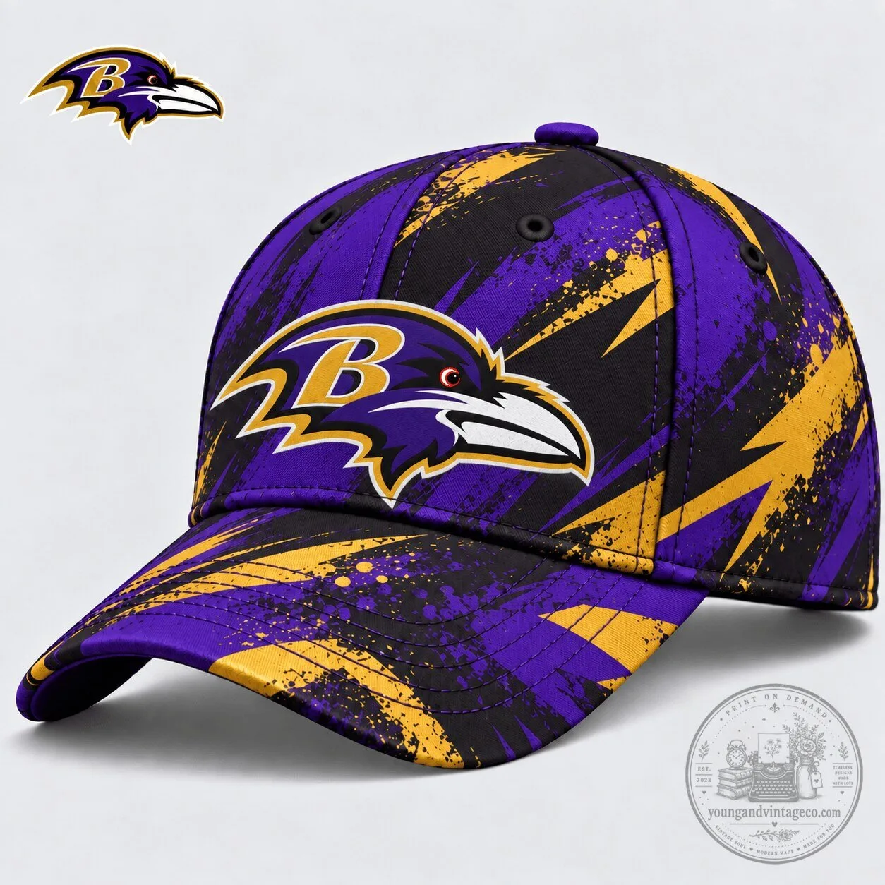 Baltimore Ravens NFL Team Logo Purple and Gold Splatter Design Cap Hat