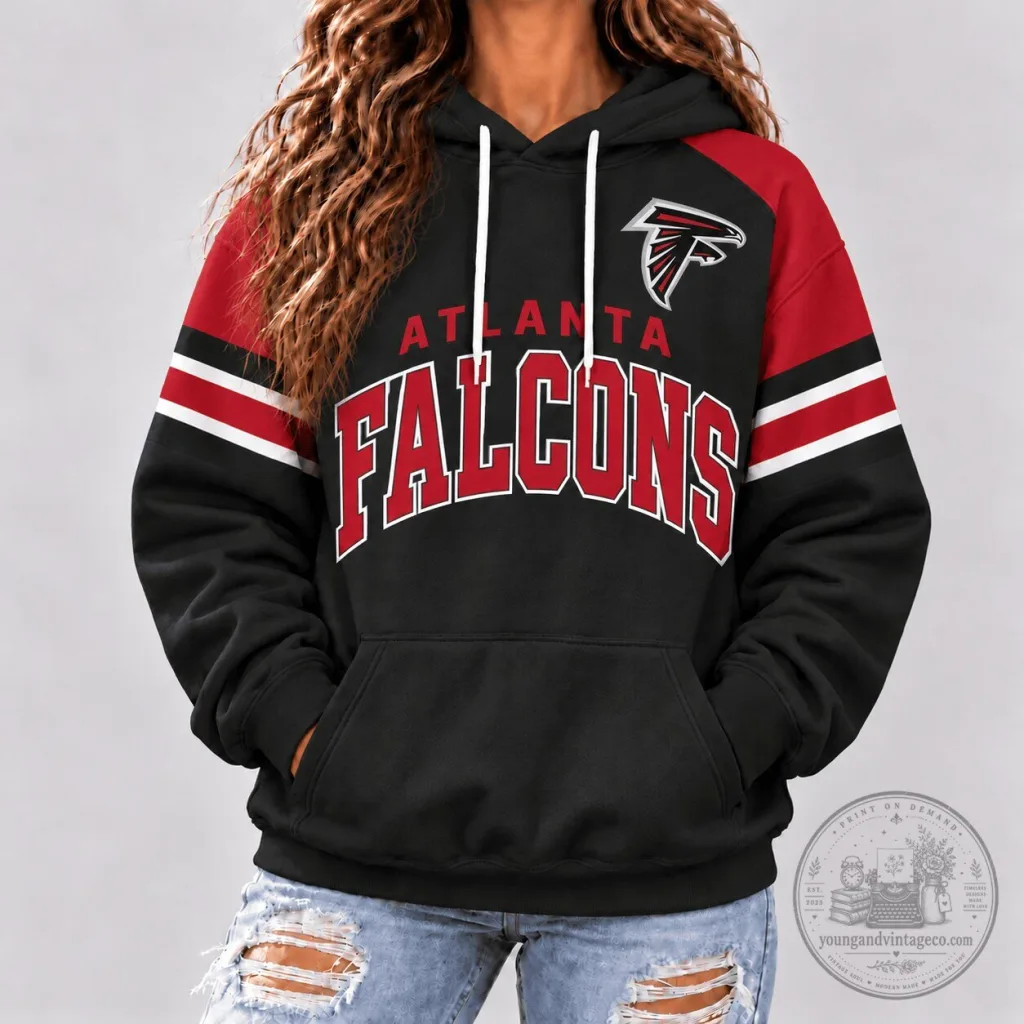 Atlanta Falcons NFL Football Team Black and Red Varsity Stripe Hoodie Atlanta Falcons NFL Football Team Black and Red Varsity Stripe Hoodie