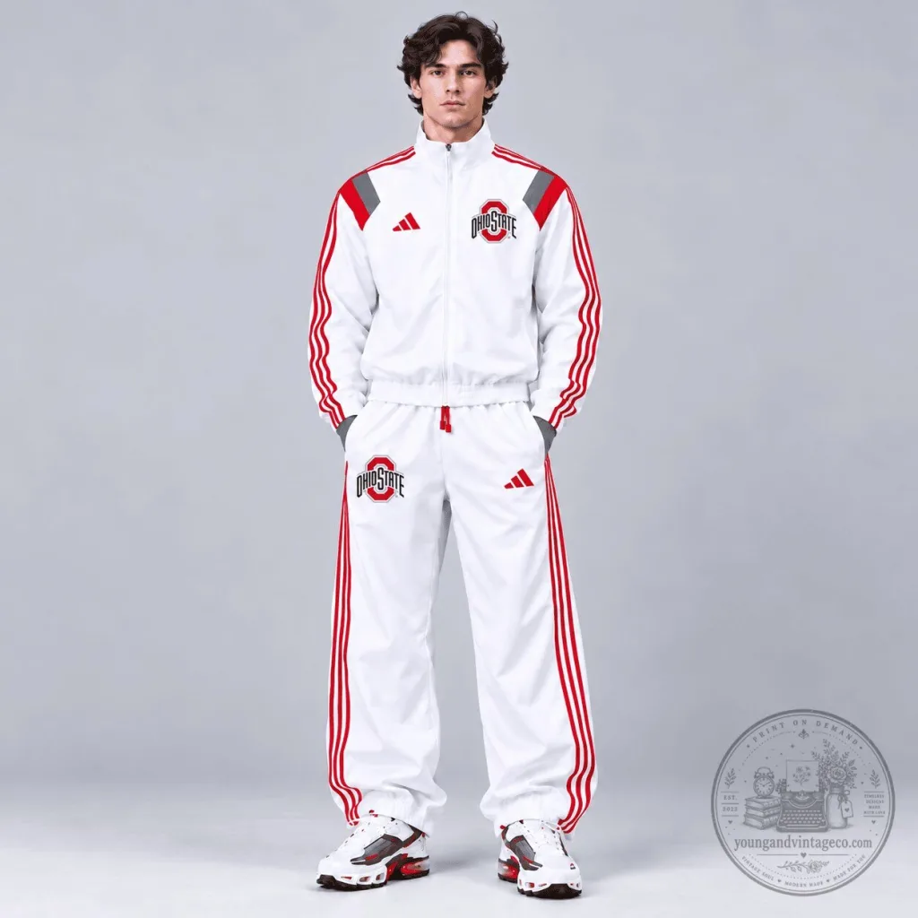 Ohio State Buckeyes White Adidas Track Jacket with Red Stripes and Team Logo Ohio State Buckeyes White Adidas Track Jacket with Red Stripes and Team Logo