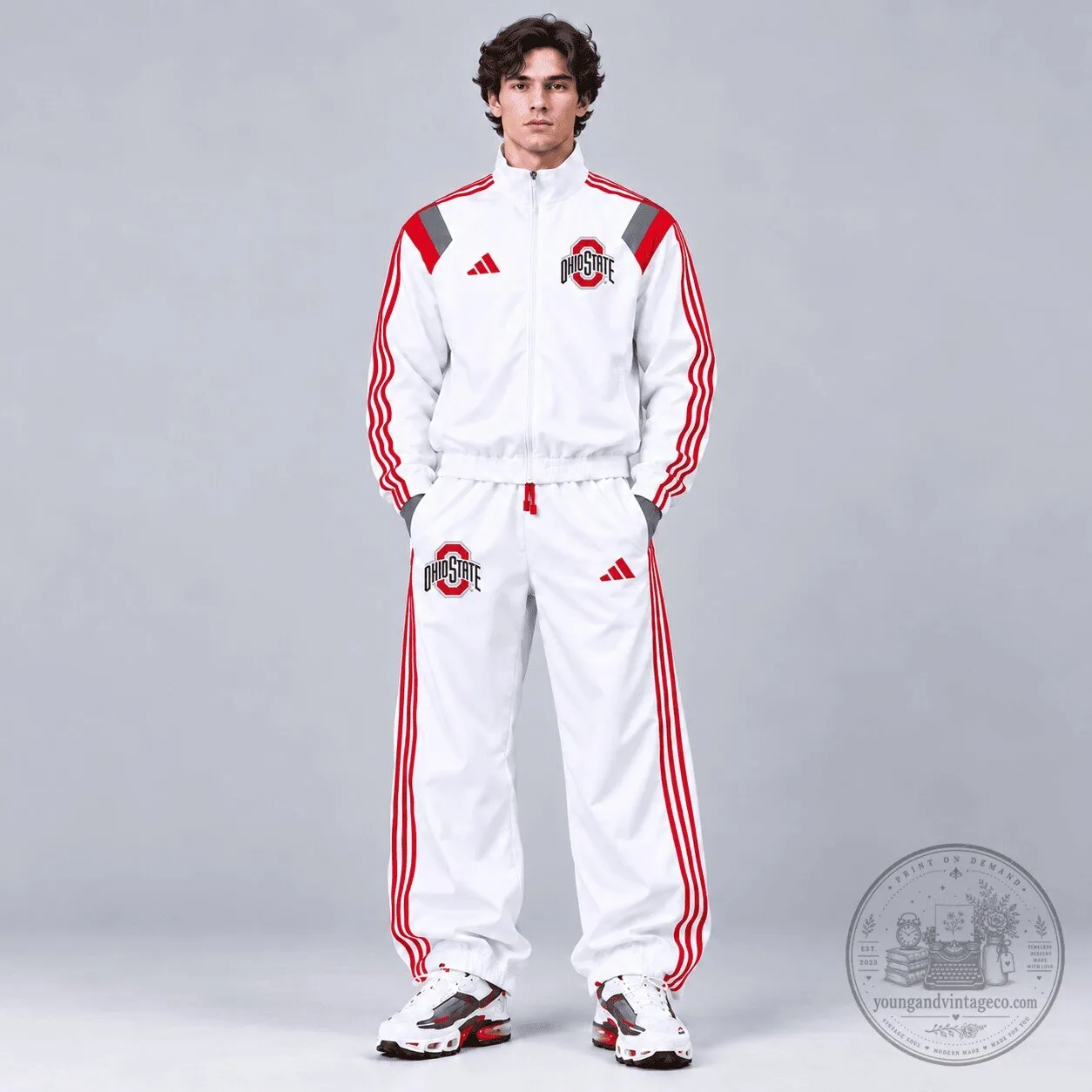 Ohio State Buckeyes White Adidas Track Jacket with Red Stripes and Team Logo