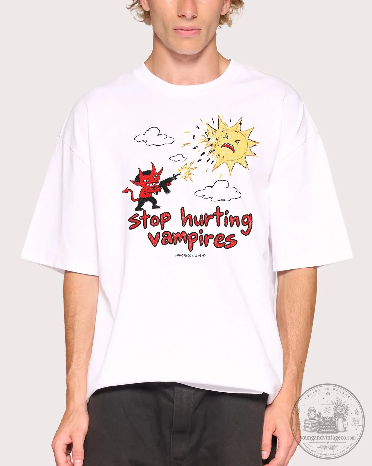 Stop Hurting Vampires Cartoon Devil Shooting Sun Graphic T-Shirt