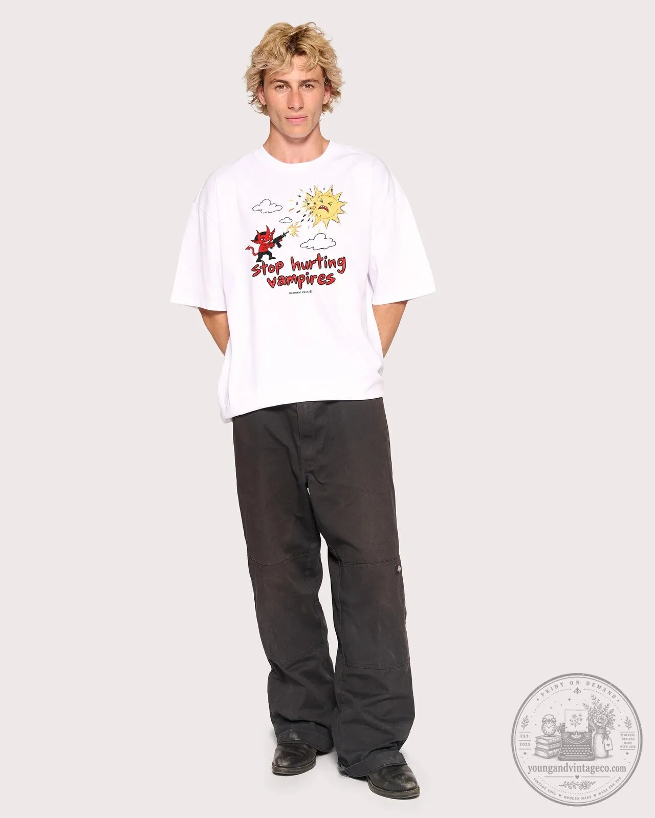 Stop Hurting Vampires Cartoon Devil Shooting Sun Graphic T-Shirt 7 Stop Hurting Vampires Cartoon Devil Shooting Sun Graphic T-Shirt