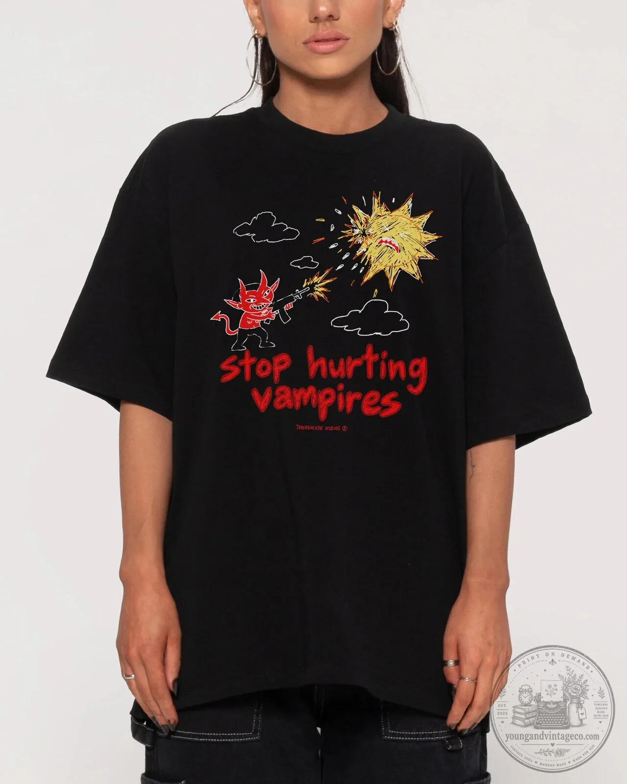 Stop Hurting Vampires Cartoon Devil Shooting Sun Graphic T-Shirt 8 Stop Hurting Vampires Cartoon Devil Shooting Sun Graphic T-Shirt