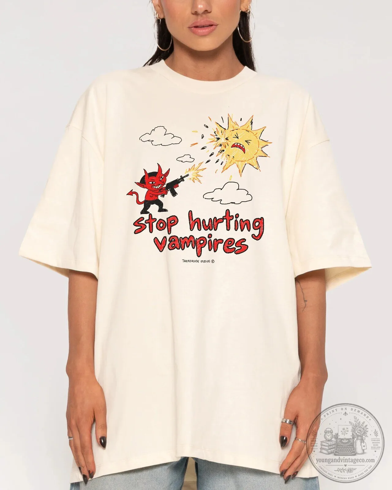 Stop Hurting Vampires Cartoon Devil Shooting Sun Graphic T-Shirt 10 Stop Hurting Vampires Cartoon Devil Shooting Sun Graphic T-Shirt